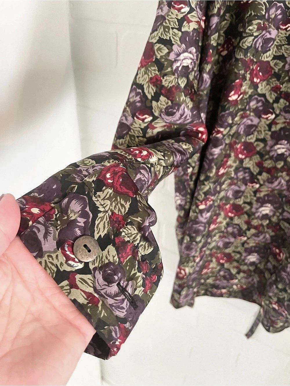 Tristan & Iseut Vintage 90s Silk Rose Print Tie Back Blouse Oversized Sz S - Picture 12 of 16